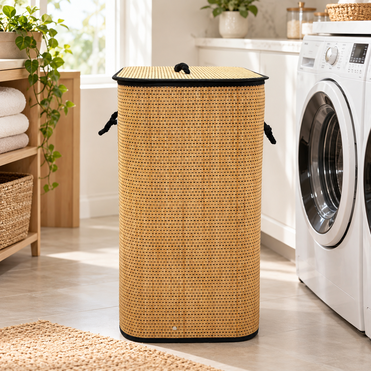 Premium Bamboo Laundry Basket with Lid & Rope Handles – 40 × 30 × 55 cm