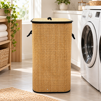 Premium Bamboo Laundry Basket with Lid & Rope Handles – 40 × 30 × 55 cm
