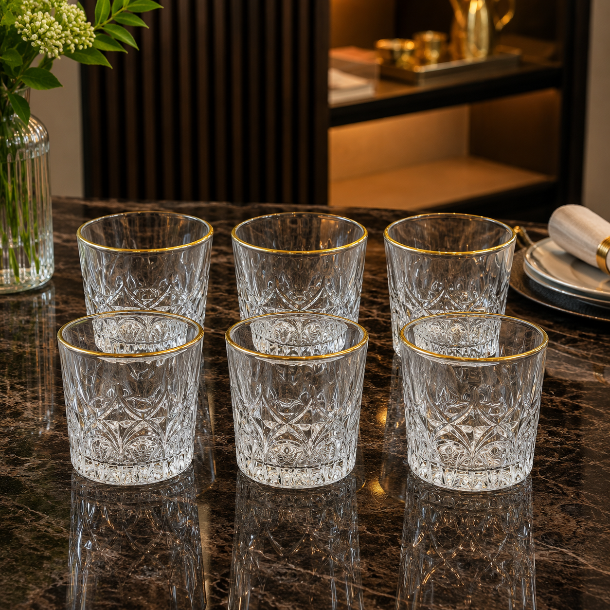 6 piece premium gold rim glass tumbler set for water juice and mocktails