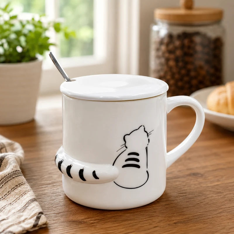 Cute Cat Tail Ceramic Mug with Lid & Spoon
