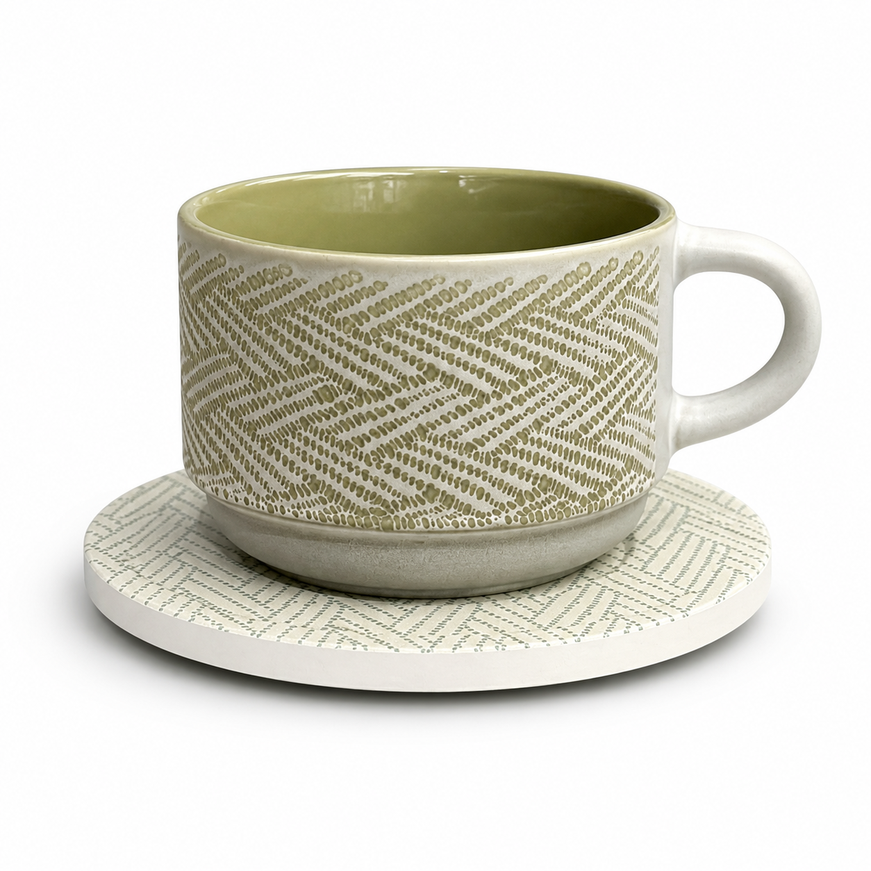 Danny Home Textured Ceramic Cup & Saucer Set – 6 Pcs | Sage Green