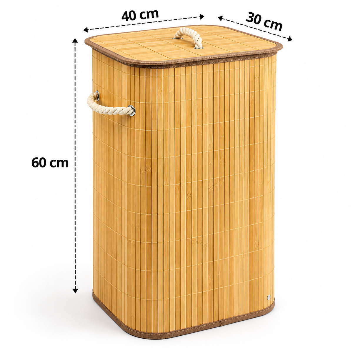 Premium Bamboo Laundry Basket with Lid & Rope Handles – 40 × 30 × 60 cm