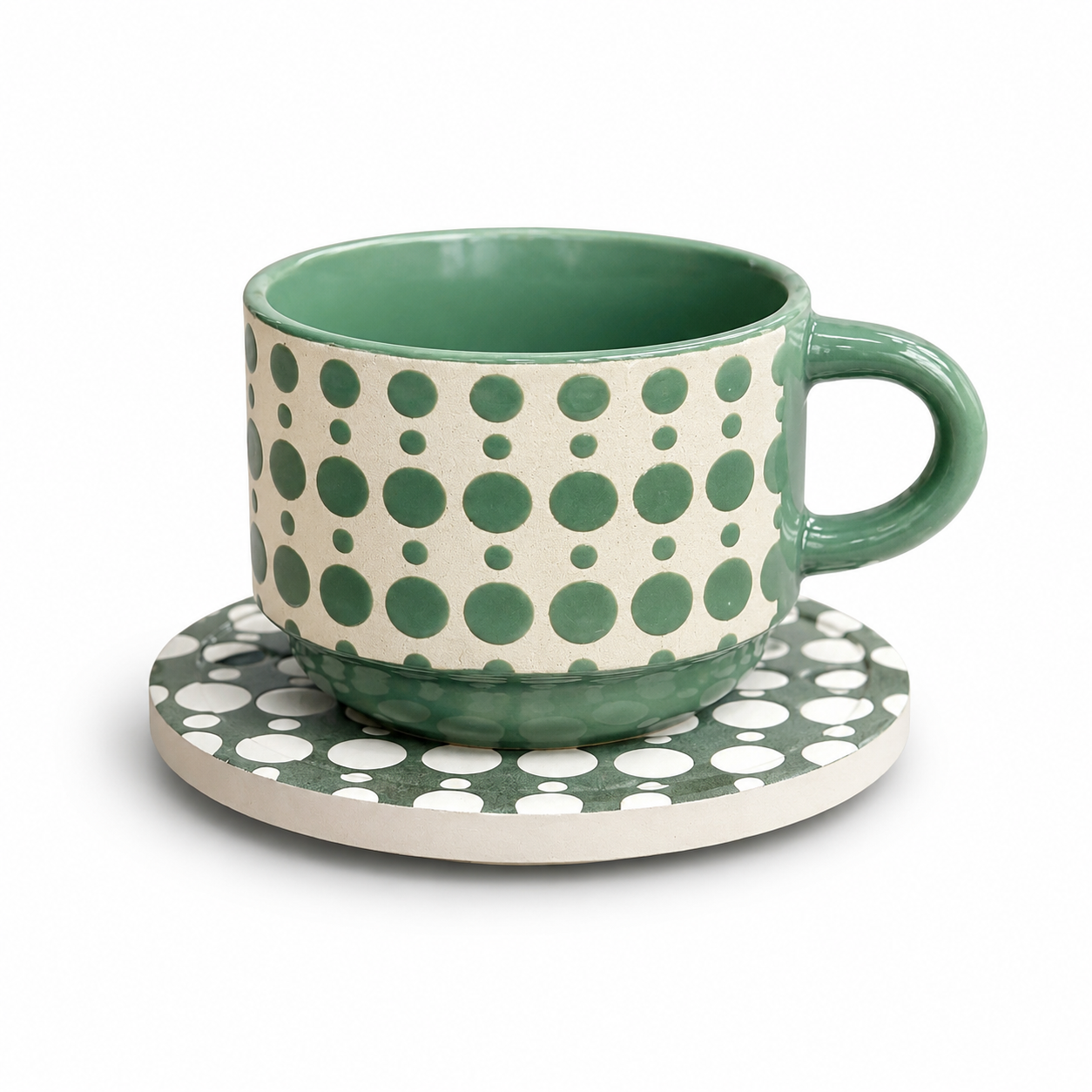 Danny Home Polka Dot Ceramic Cup & Saucer Set – 6 Pcs | Sage Green
