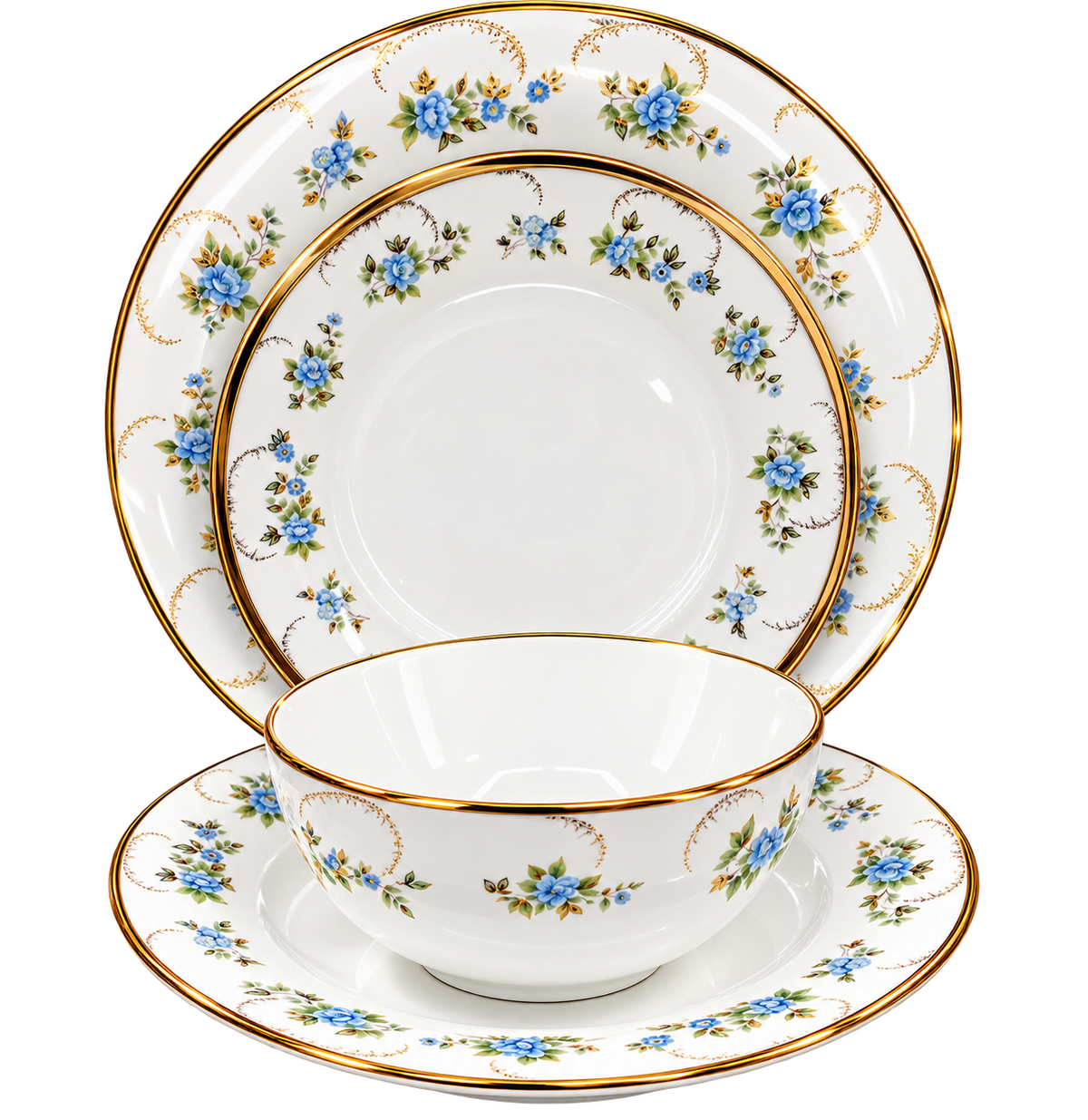 Premium Porcelain 24-Piece Dinner Set for 6 Persons – Blue Floral & Gold