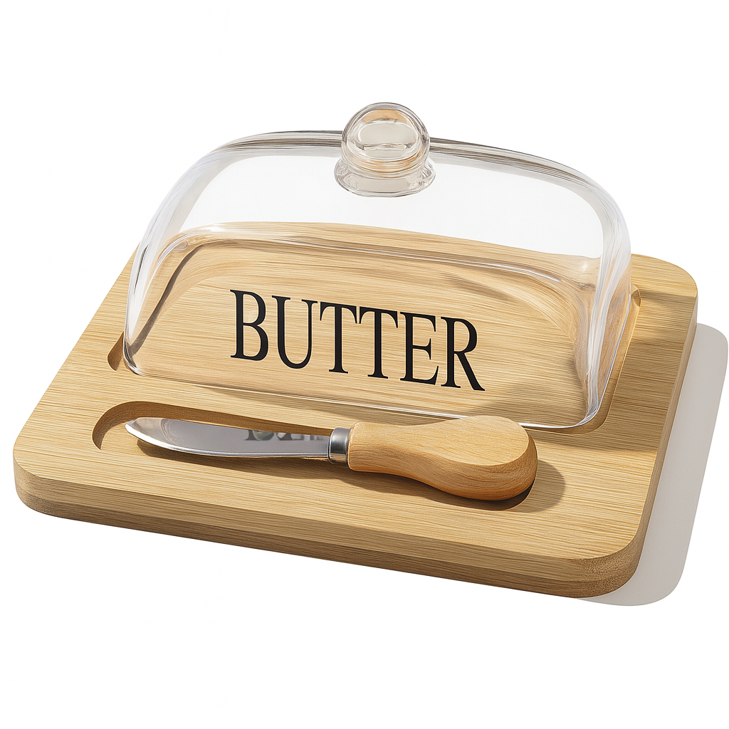 Butter Dish with Bamboo Base and Wooden Knife