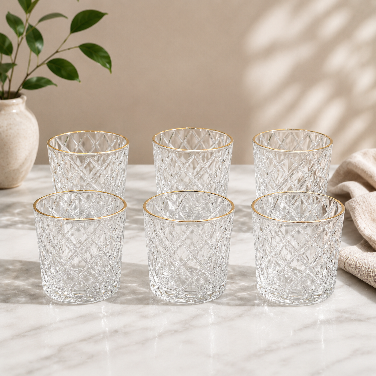 6 Pcs Crystal Glass Set with Gold Rim Diamond Cut Drinking Glasses