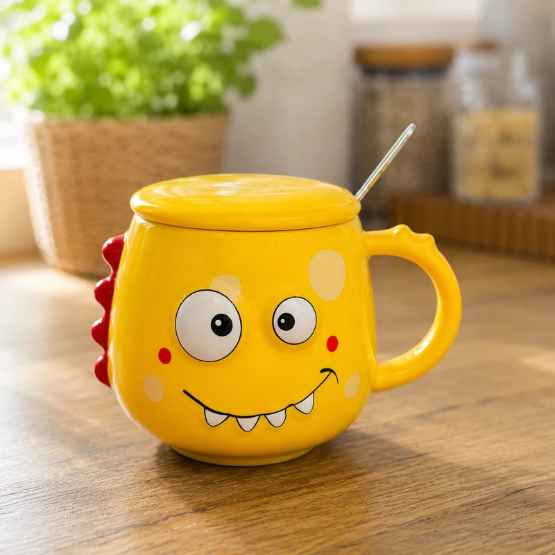 Cute Dinosaur Ceramic Mug with Lid & Spoon