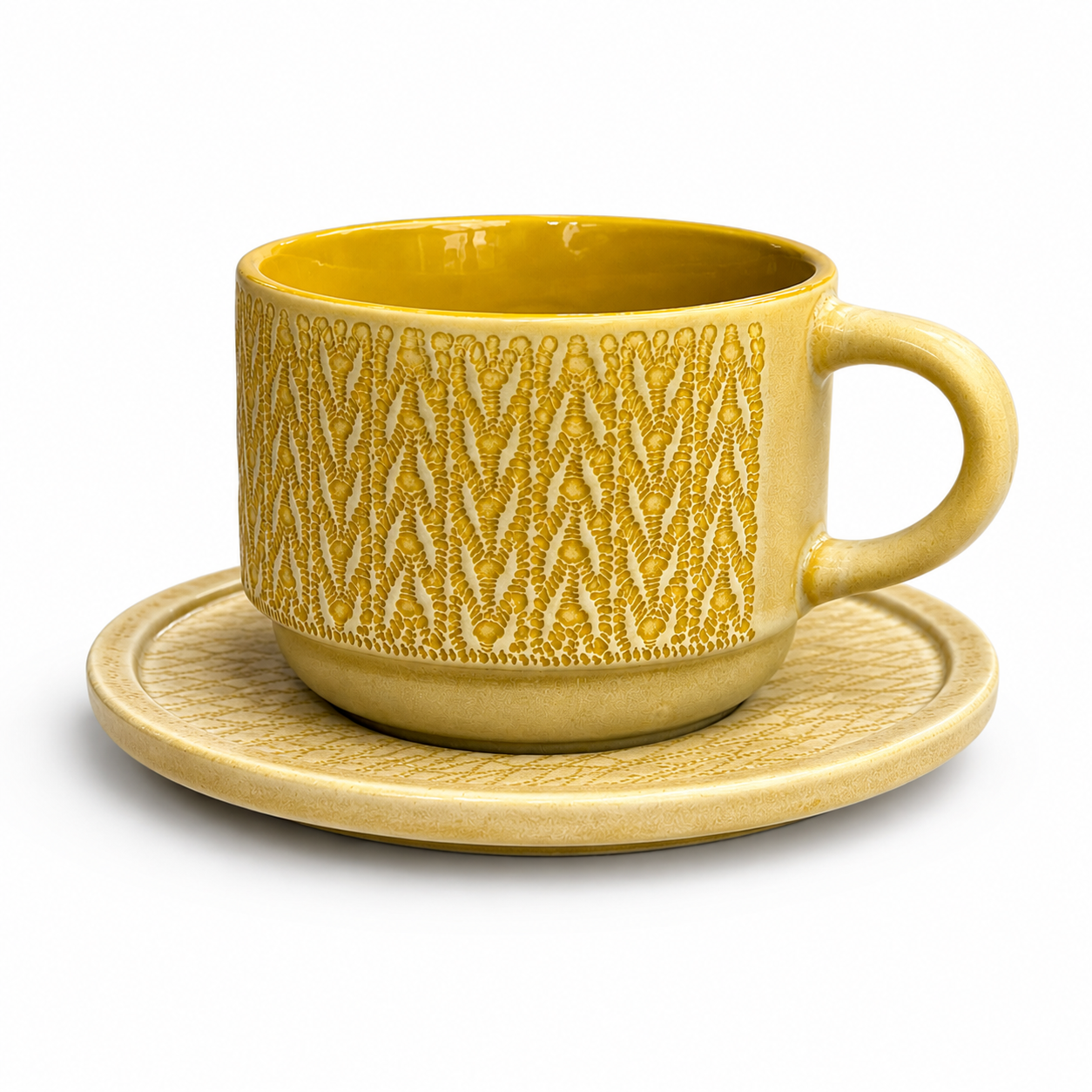 Danny Home Textured Ceramic Cup & Saucer Set – 6 Pcs | Mustard Yellow