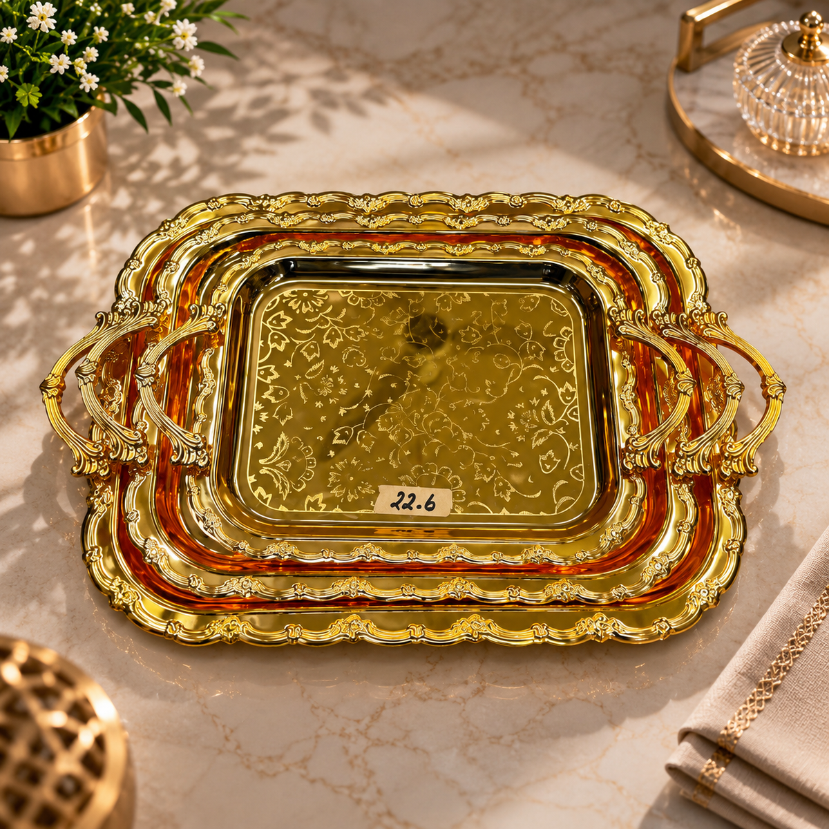 3-Piece Golden Stainless Steel Rectangular Tray Set