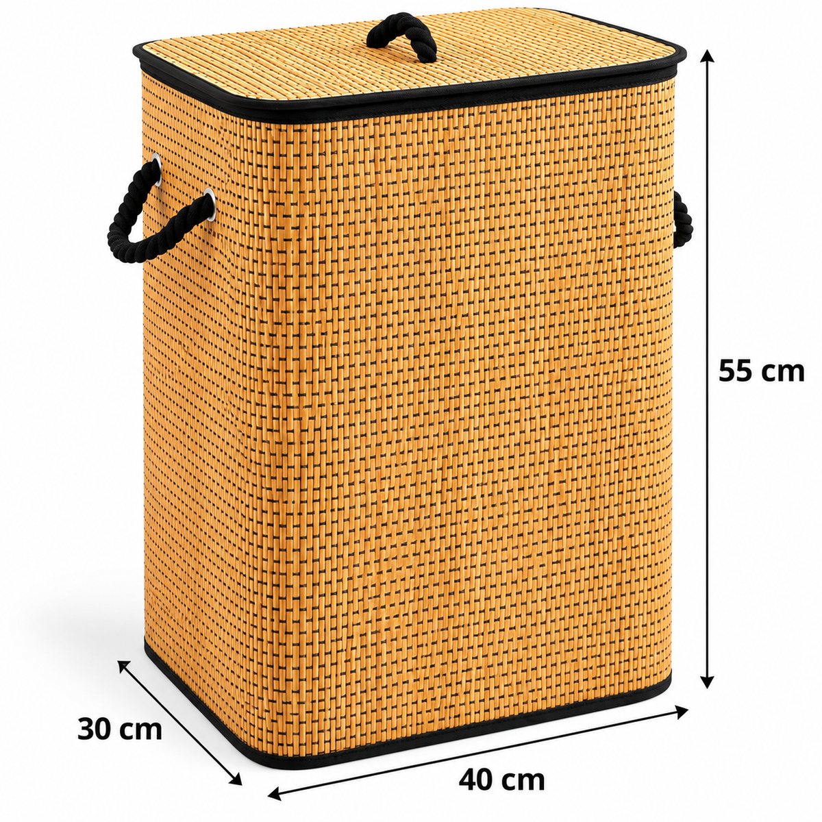 Premium Bamboo Laundry Basket with Lid & Rope Handles – 40 × 30 × 55 cm