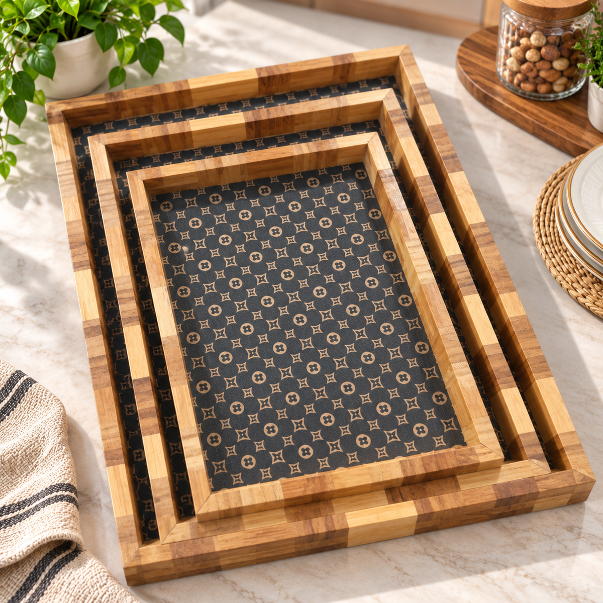 3-Piece Premium Wooden Serving Tray Set with Geometric Design