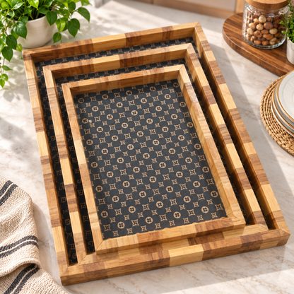 3-Piece Premium Wooden Serving Tray Set with Geometric Design