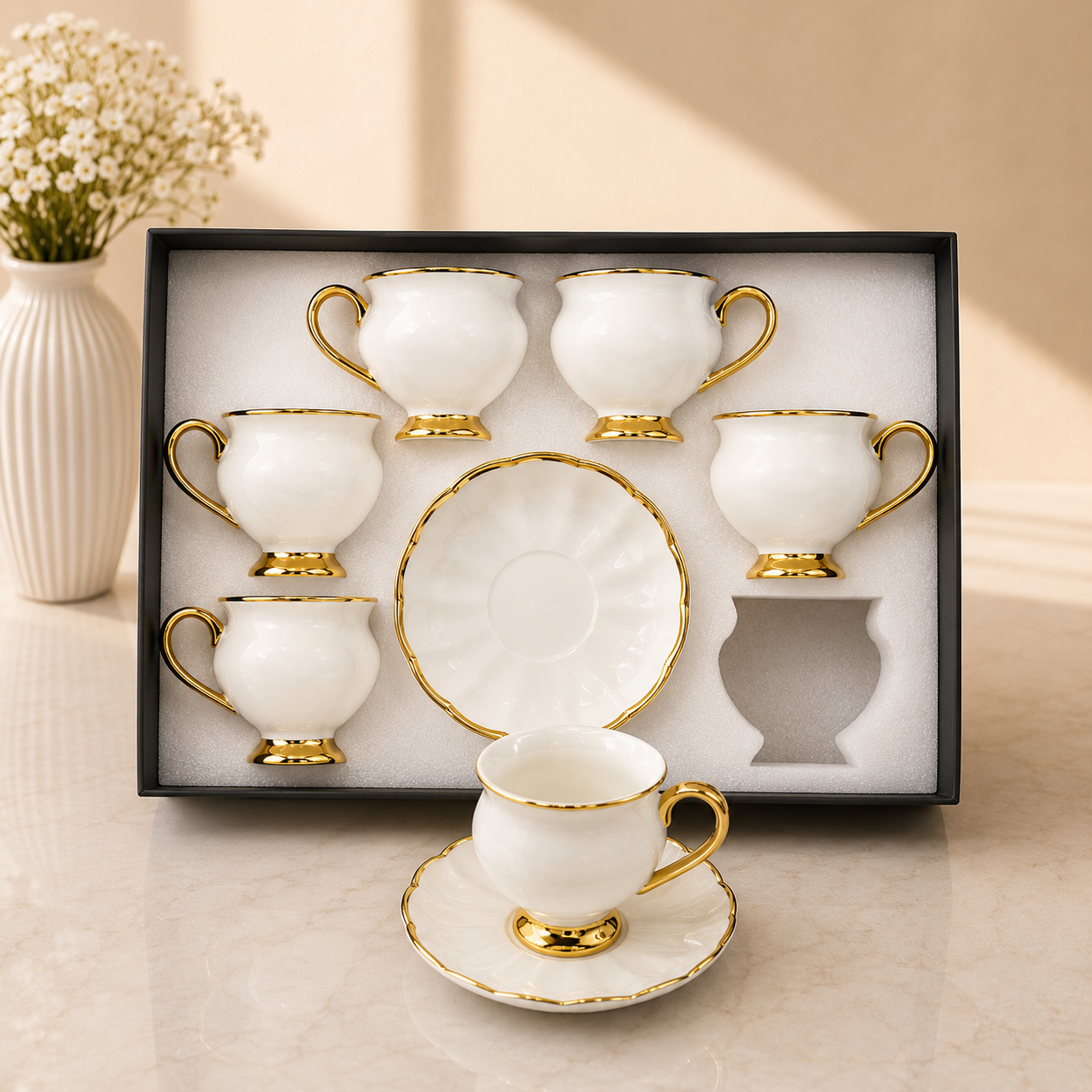 Classic White Cup & Saucer Set with Gold Rim – 12 Pieces