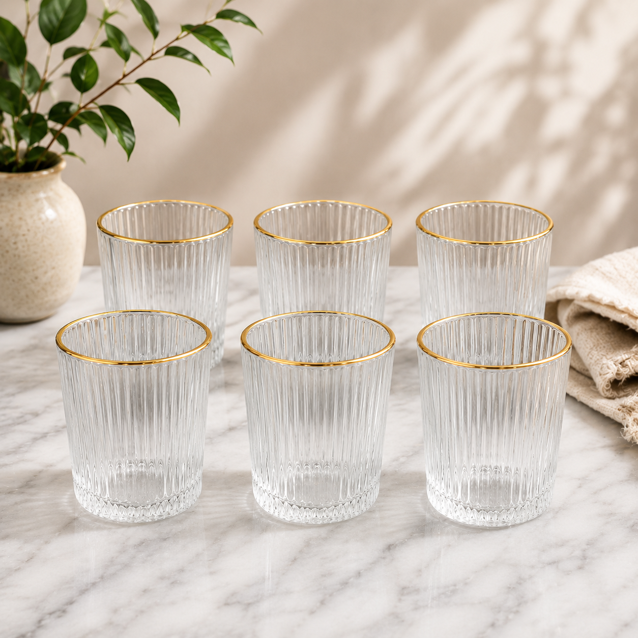 Luxury 6 Pcs Gold Rim Ribbed Glass Tumbler Set
