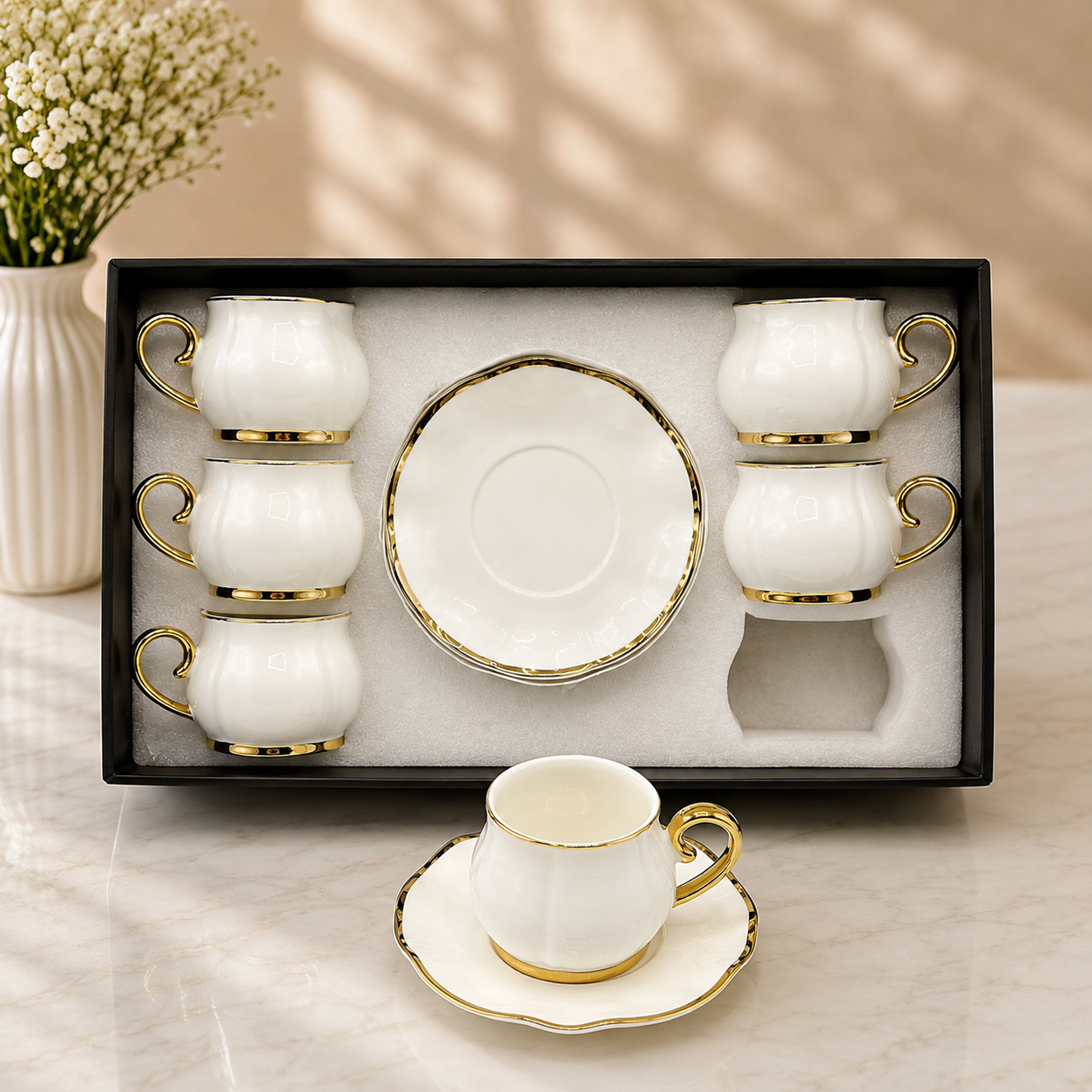 Classic White Cup & Saucer Set with Gold Rim – 12 Pieces