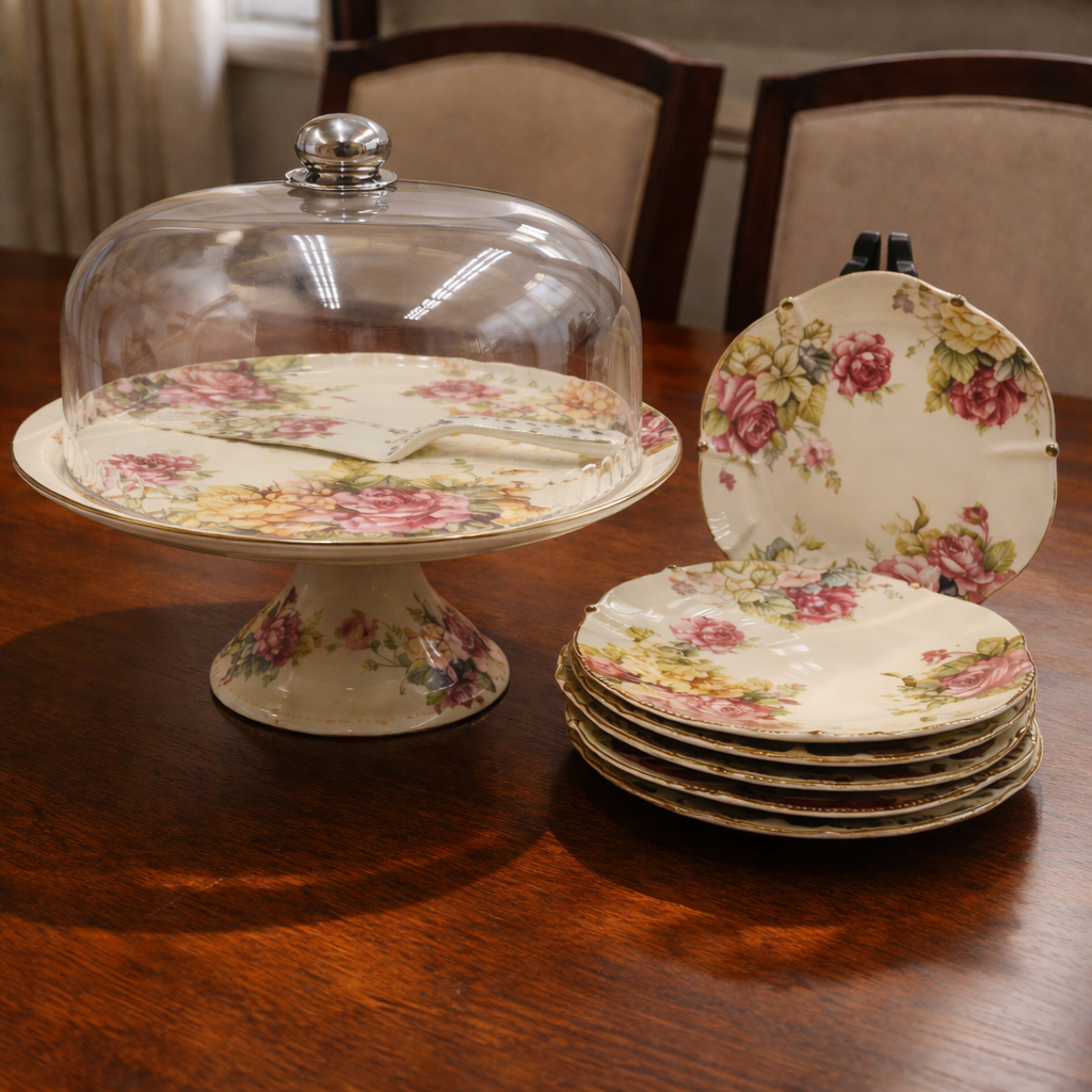 Royal Albert 9 PCS Cake Set – Floral Porcelain Dessert Stand with Plates