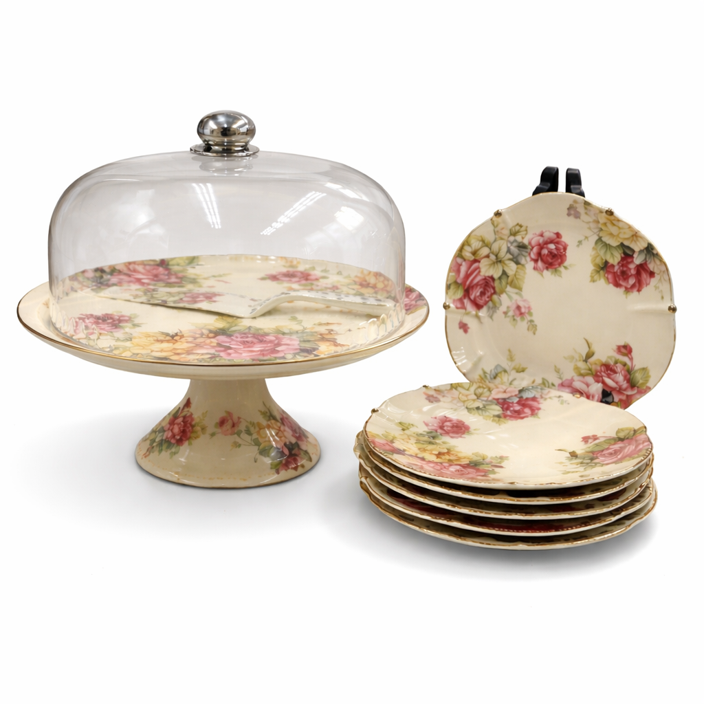 Royal Albert 9 PCS Cake Set – Floral Porcelain Dessert Stand with Plates