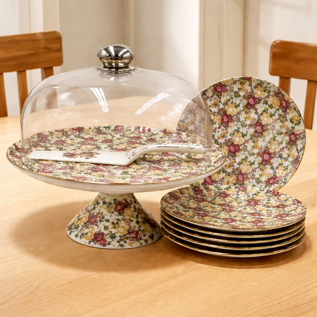 Royal Albert 9 PCS Cake Set – Floral Porcelain Dessert Stand with Plates