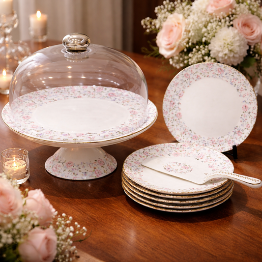 Royal Albert 9 PCS Cake Set – Floral Porcelain Dessert Stand with Plates