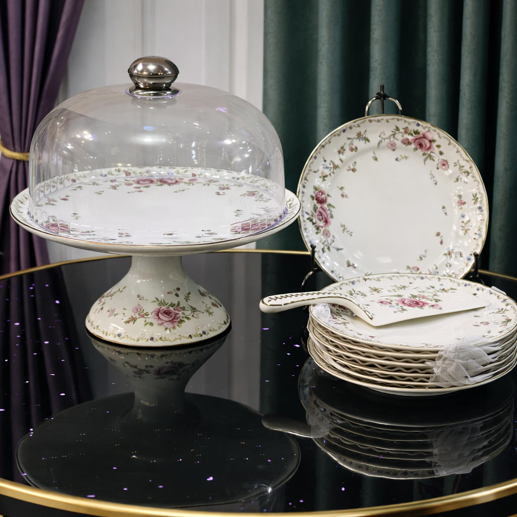 Royal Albert 9 PCS Cake Set – Floral Porcelain Dessert Stand with Plates