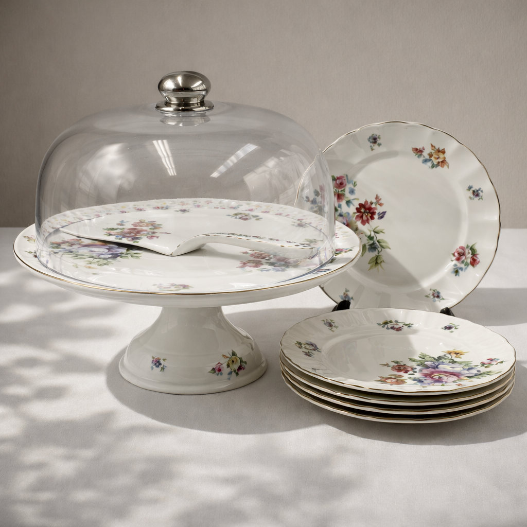Royal Albert 9 PCS Cake Set – Floral Porcelain Dessert Stand with Plates