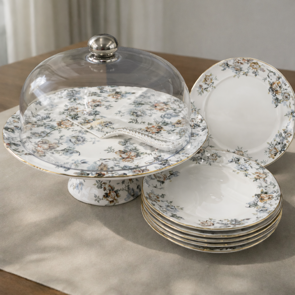 Royal Albert 9 PCS Cake Set – Floral Porcelain Dessert Stand with Plates