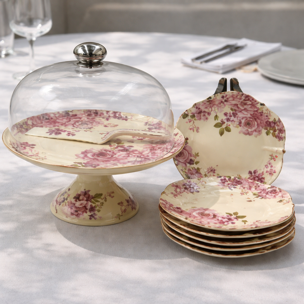 Royal Albert 9 PCS Cake Set – Floral Porcelain Dessert Stand with Plates