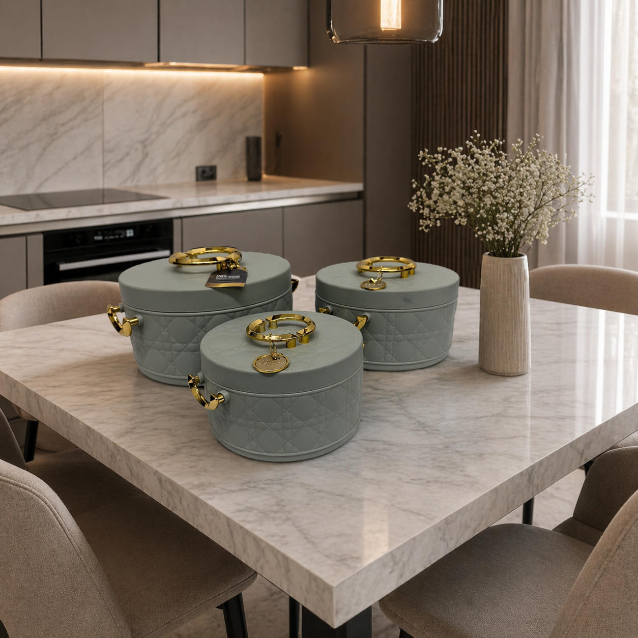 Luxury Quilted Serving Pot Set – 3 Pcs with Gold Handles