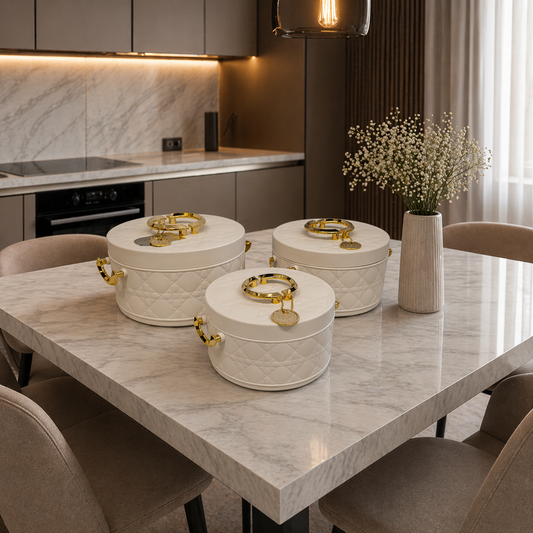Luxury Quilted Serving Pot Set – 3 Pcs with Gold Handles