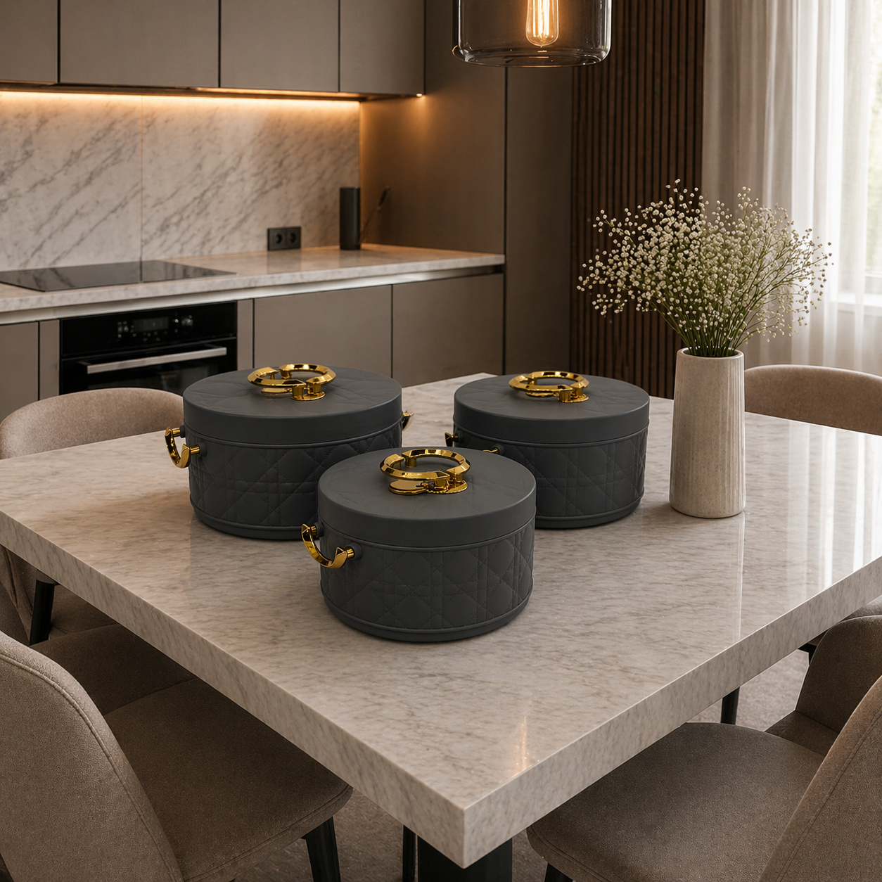 Luxury Quilted Serving Pot Set – 3 Pcs with Gold Handles