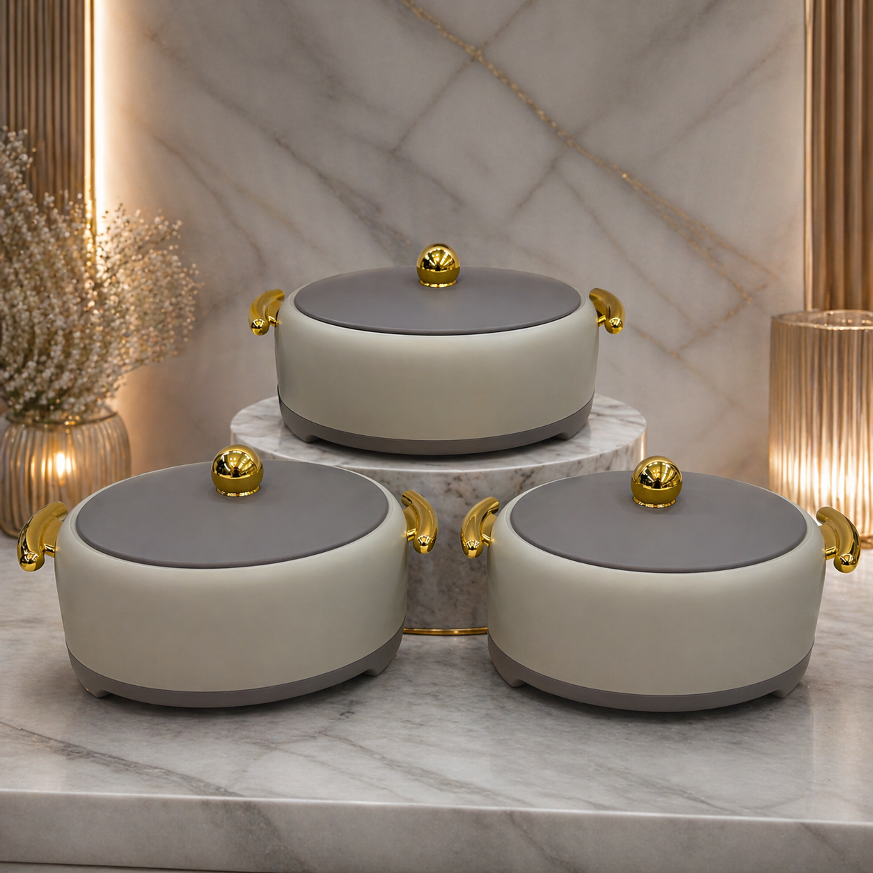 Insulated Hotpot Set (3 Pcs) – Premium Casserole Set with Gold Handles