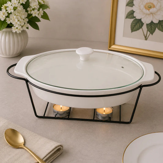 Brilliant 16-Inch Oval Ceramic Chafing Dish with Metal Candle Stand