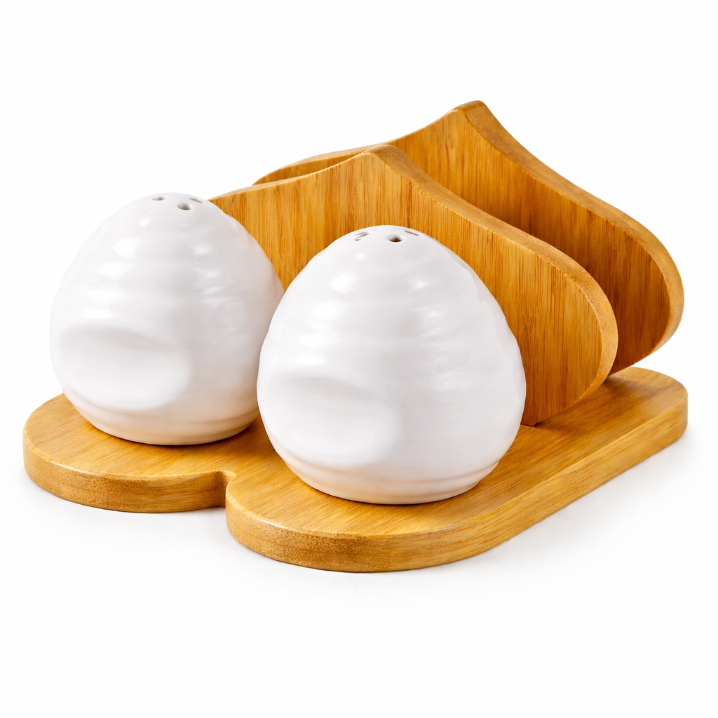 Ceramic Salt & Pepper Shaker Set with Wooden Holder