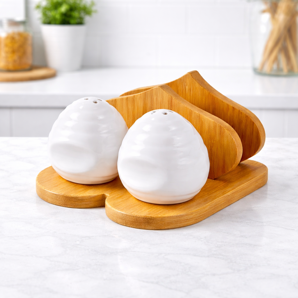 Ceramic Salt & Pepper Shaker Set with Wooden Holder