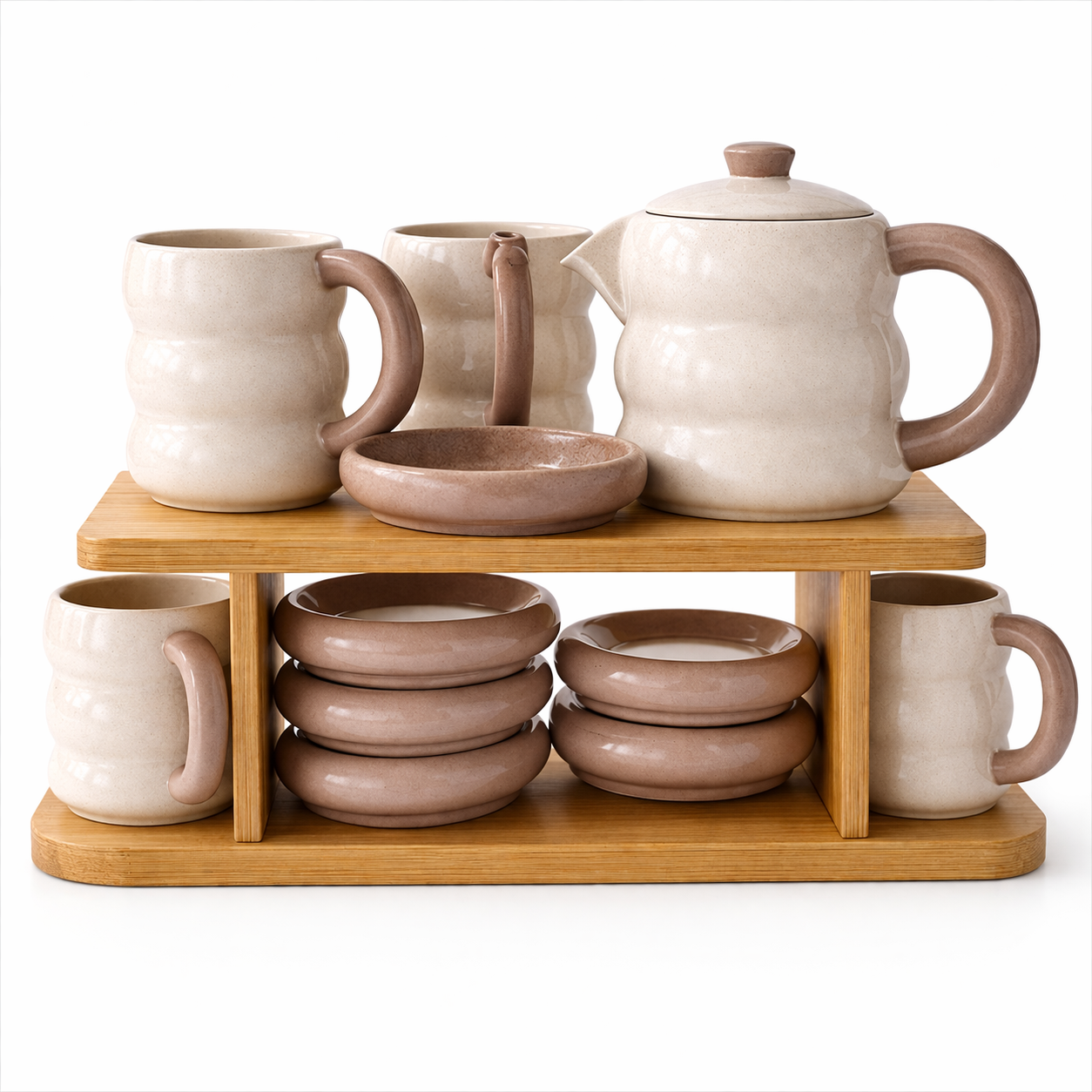 15-Piece Ceramic Tea Set with Wooden Rack – Premium Kitchen Display Set