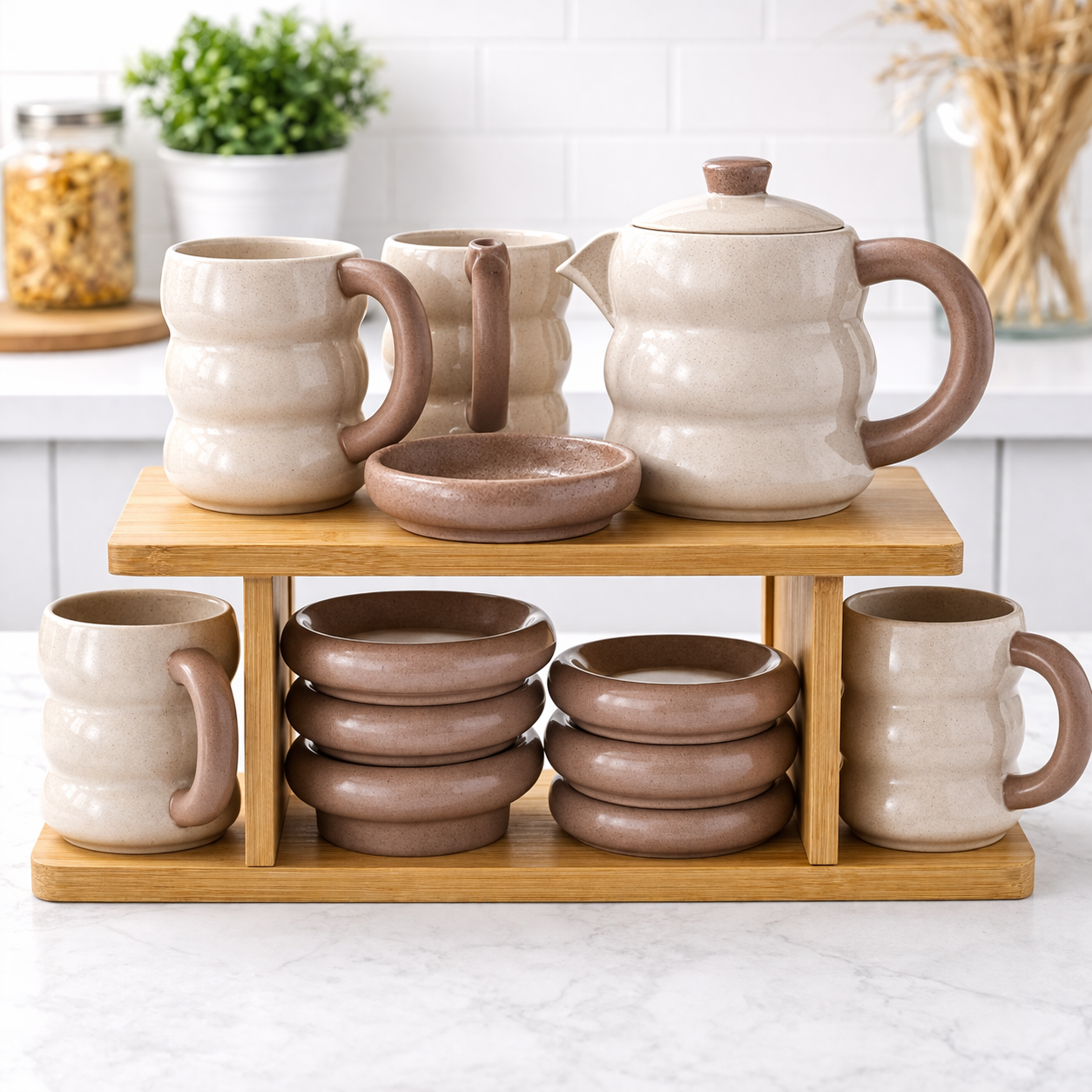 15-Piece Ceramic Tea Set with Wooden Rack – Premium Kitchen Display Set