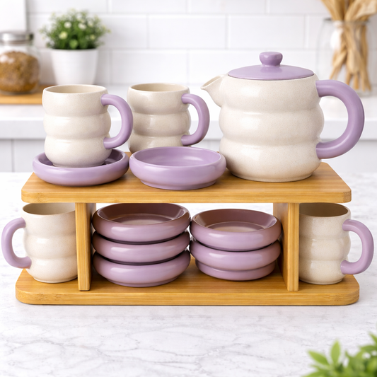 15-Piece Ceramic Tea Set with Wooden Rack – Premium Kitchen Display Set