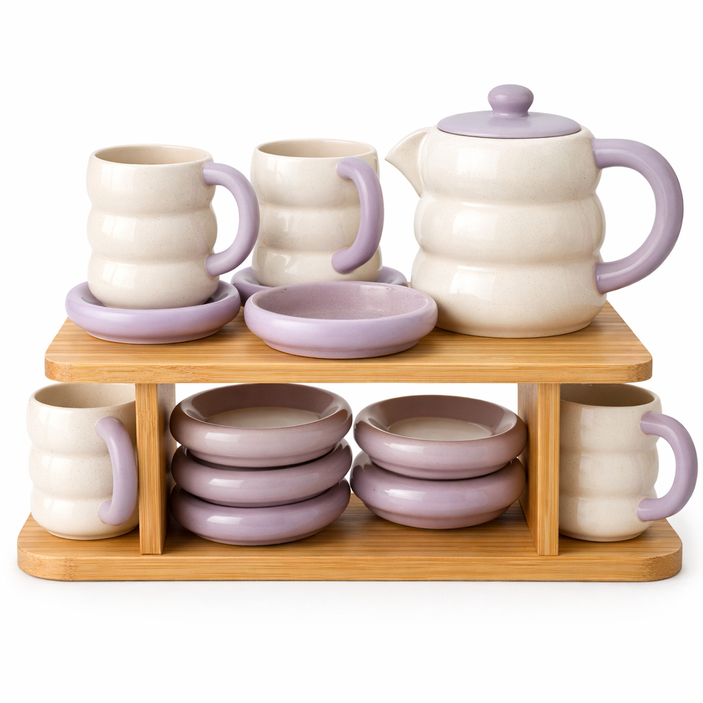 15-Piece Ceramic Tea Set with Wooden Rack – Premium Kitchen Display Set