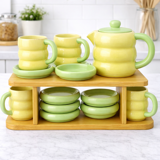 15-Piece Ceramic Tea Set with Wooden Rack – Premium Kitchen Display Set