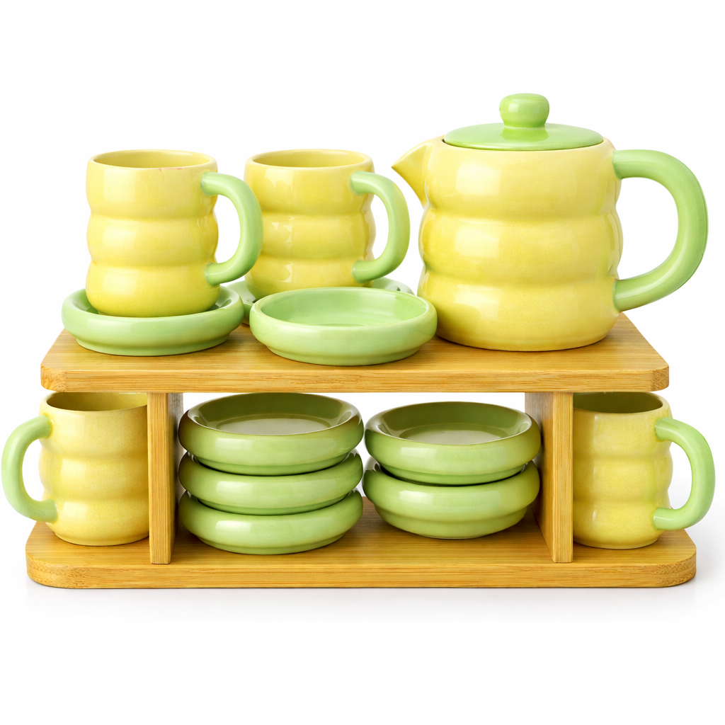 15-Piece Ceramic Tea Set with Wooden Rack – Premium Kitchen Display Set