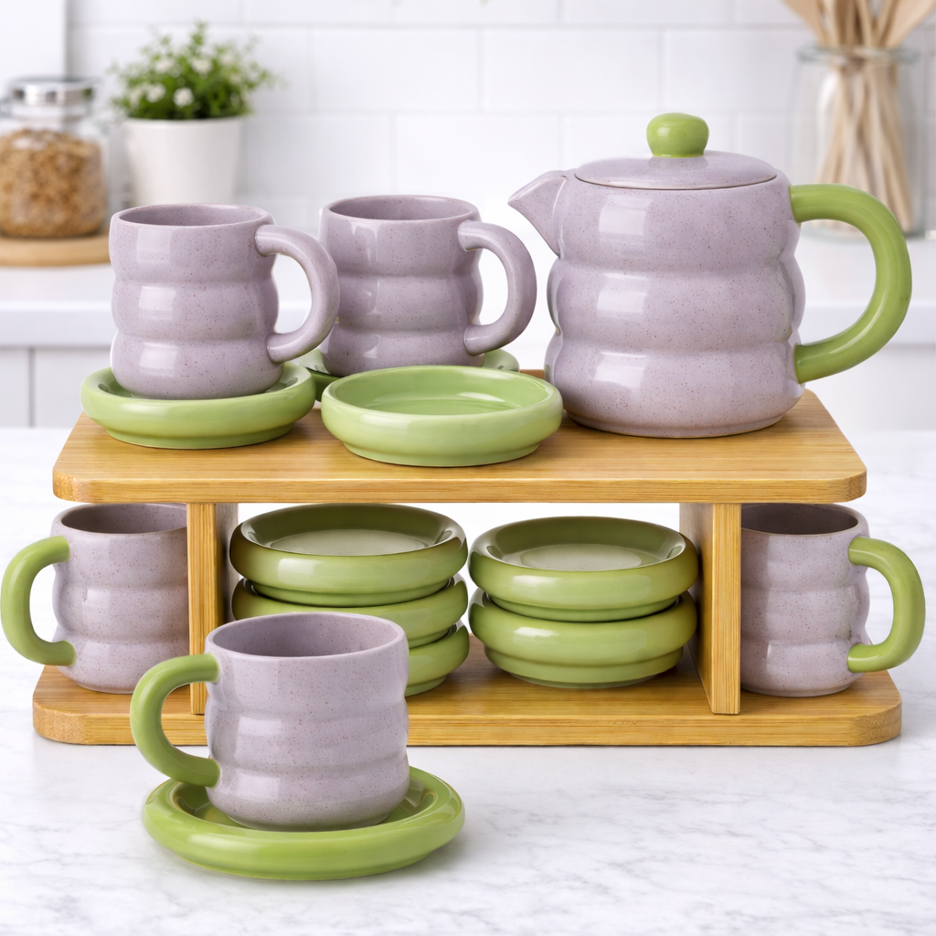 15-Piece Ceramic Tea Set with Wooden Rack – Premium Kitchen Display Set