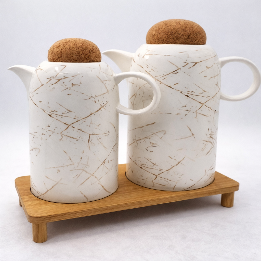 2-Piece Ceramic Oil Jug Set with Wooden Tray