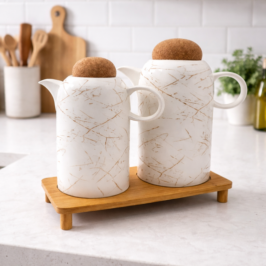 2-Piece Ceramic Oil Jug Set with Wooden Tray