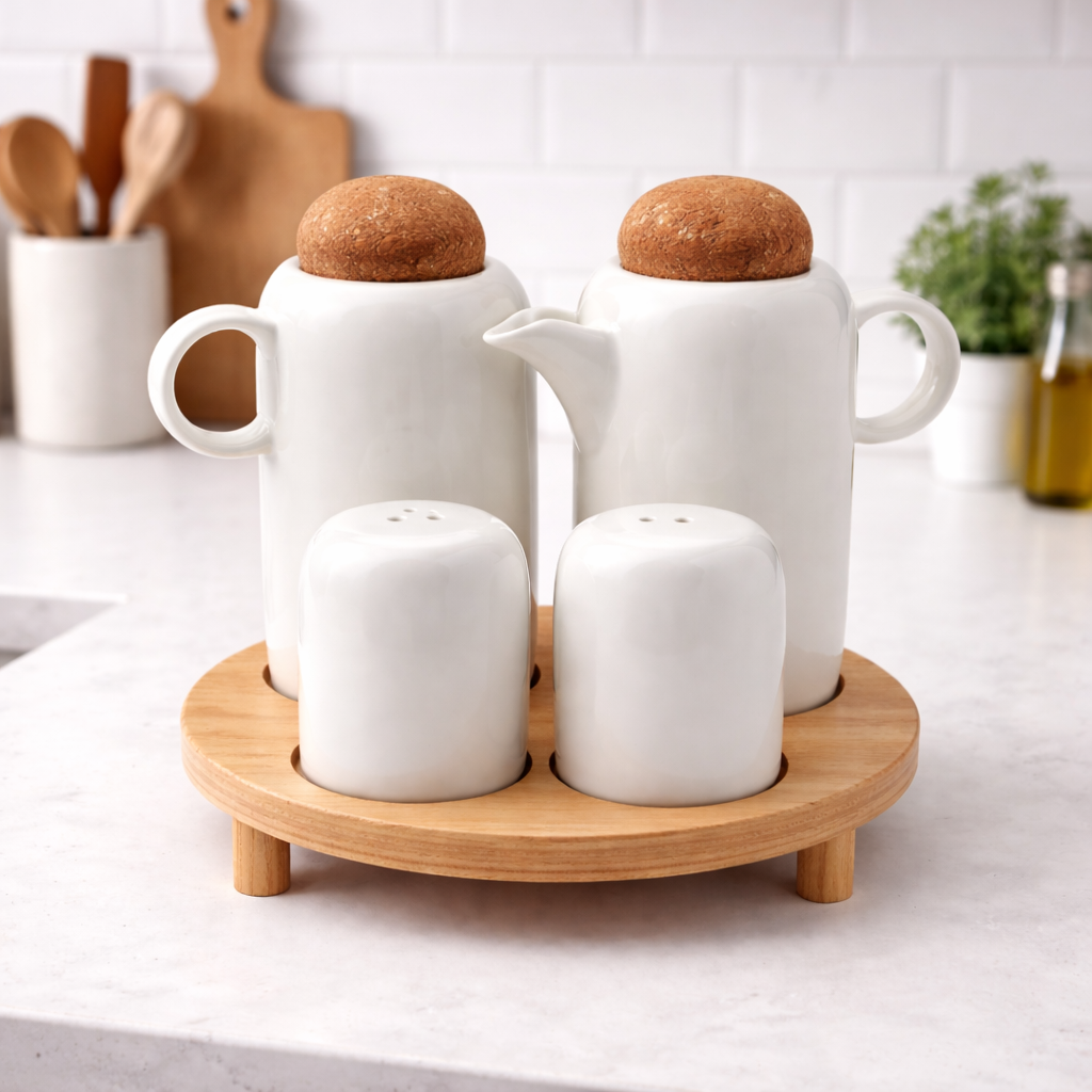 4-Piece Ceramic Oil & Spice Set with Wooden Tray