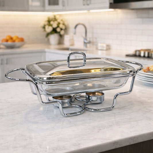 Stainless Steel Square Chafing Dish with Pyrex Glass Dish & Lid  – Premium Buffet Food Warmer