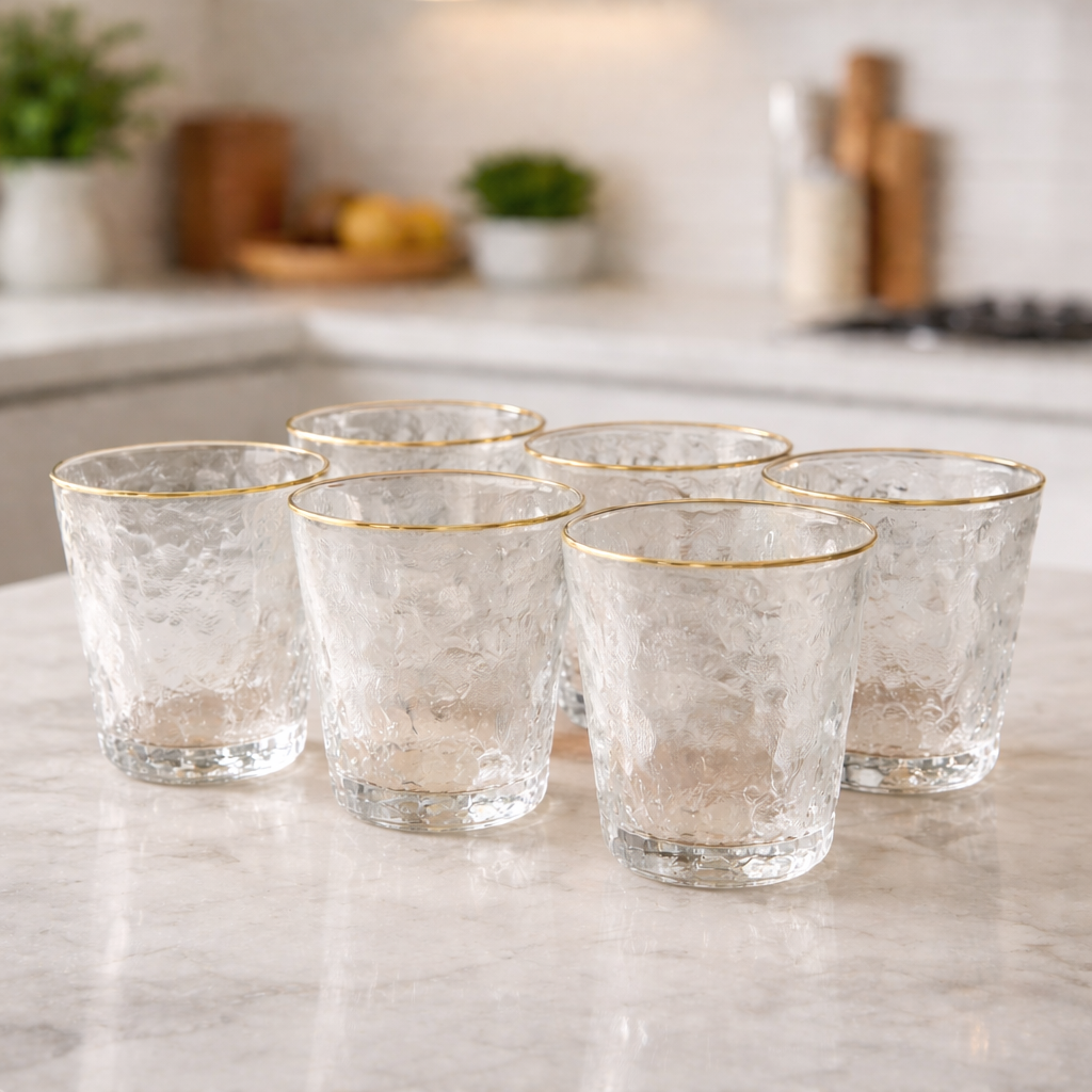 Glass 6PC Set Gold Rim – Textured Clear Tumblers
