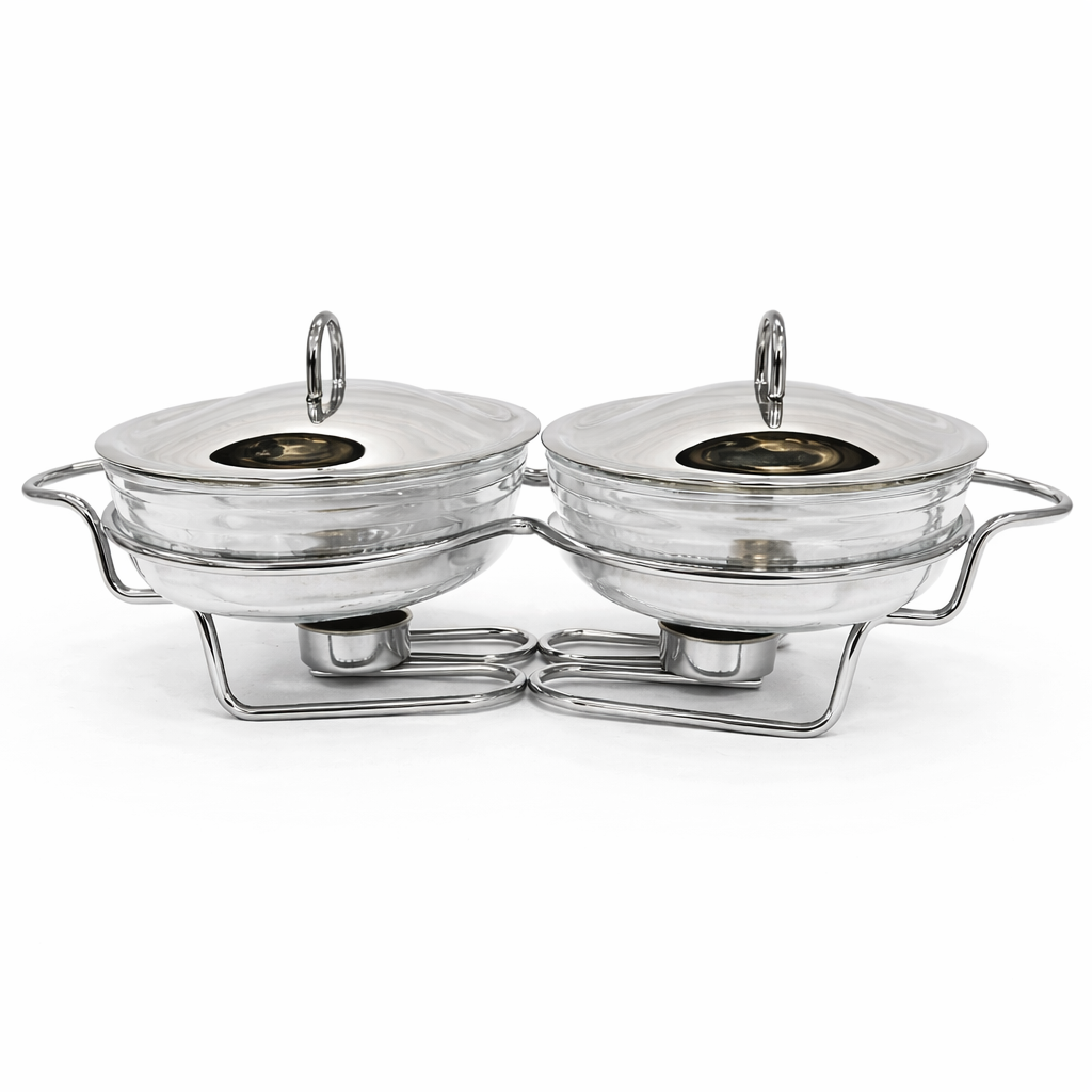 2 in 1 Round Food Warmer – 1.5L Each Bowl | Stainless Steel Buffet Serving Set