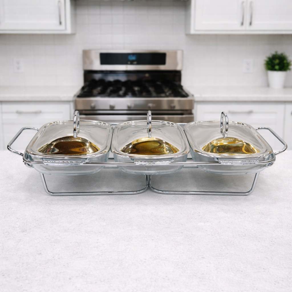 3 in 1 Stainless Steel Food Warmer – 1.5L Each Bowl | Premium Buffet Serving Set