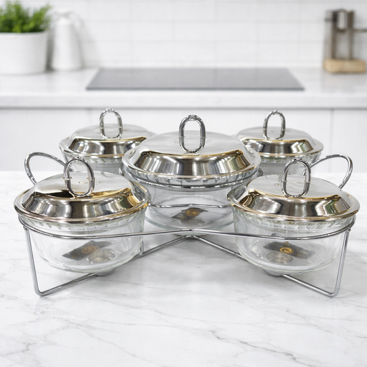 5 IN 1 Stainless Steel Buffet Serving Set – Premium Food Warmer with Stand