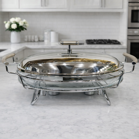 Premium Stainless Steel Chafing Dish 3 LTR – Oval Buffet Food Warmer with Glass Bowl & Lid
